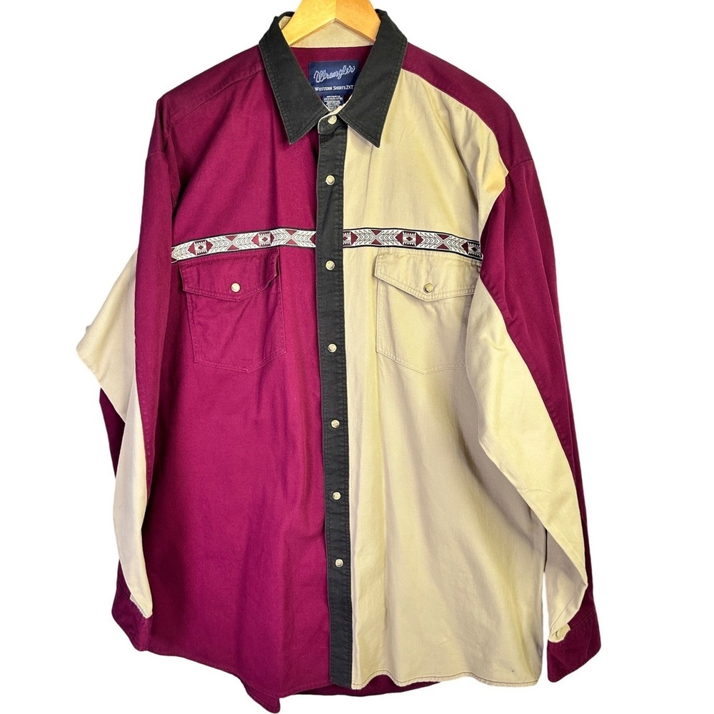 Wrangler Western Shirt‎ Mens 2XT Burgundy Tan Colorblock Pearl Snap Tribal Aztec